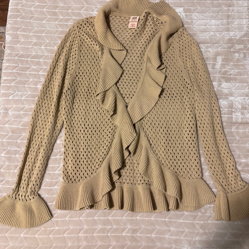 Vtg Pointelle Knit Cardigan XL Tan Ruffle Bell Sleeve Coquette Coastal Boho Doll - Picture 12 of 16